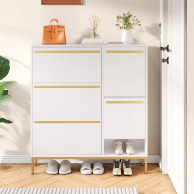 Scarpiera con sgabello per cambio scarpe, Bianco e Oro