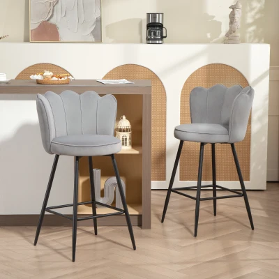 HOMCOM Velvet Lotus Bar Stools Set of 2 - Grey