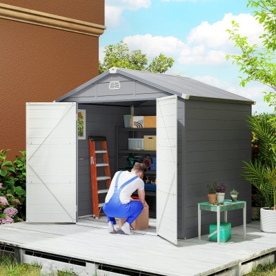 Outsunny 4 x 3ft Plastic Garden Storage Shed - Foundation Kit Included, Polypropylene Outdoor Storage Tool House with Ventilation Slots and Lockable Door, Grey
