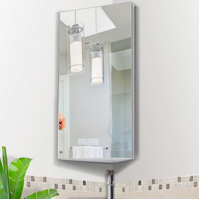 HOMCOM Wall Mounted Corner Bathroom Mirror, Stainless Steel Mirror Cabinet with 3-tier Shelves, Single Door