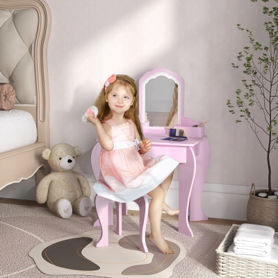 ZONEKIZ Set Coiffeuse pour Enfant avec Miroir de Maquillage et Tabouret Assorti en Bois, Tiroir et Contenants, Rose