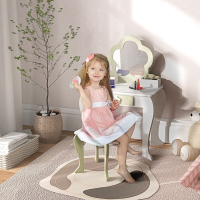ZONEKIZ Ensemble Coiffeuse pour Fillette avec Miroir de Maquillage et Tabouret Assorti en Bois, Tiroir et Contenants, Blanc