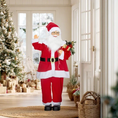 HOMCOM Weihnachtsmannfigur, stehender Weihnachtsmann, sprachgesteuert, glitzernde LED-Lichter, flexible Arme, 120 cm, Rot