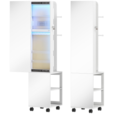 HOMCOM Espelho com Arrumação para Joias Luzes LED Armário para Joias com Rotação de 360° e Fecho com Chave 37x40x165,5 cm Branco