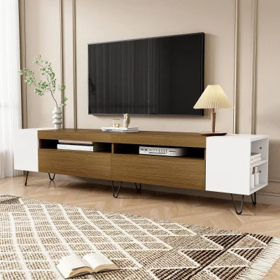 Mobile TV con finitura effetto legno, Bianco e Legno naturale