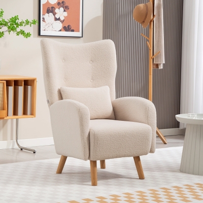 HOMCOM Accentstoel, Polstersessel met pluche bekleding, Schuimkussen, Ohrensessel, Beige