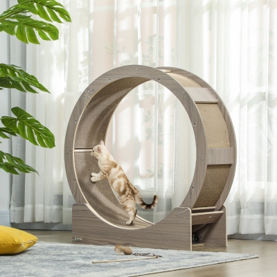 PawHut Roue d'Exercice Chat 91cm Noyer avec Frein et Grattoir