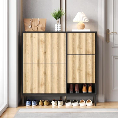Scarpiera con sgabello per cambio scarpe, Nero e Legno naturale