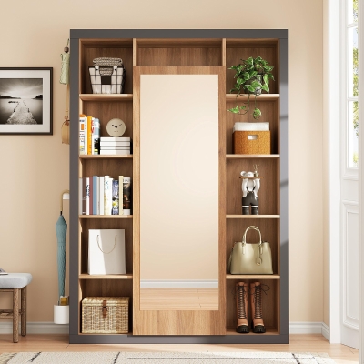 Struttura guardaroba con specchio, Grigio-nero e Legno naturale