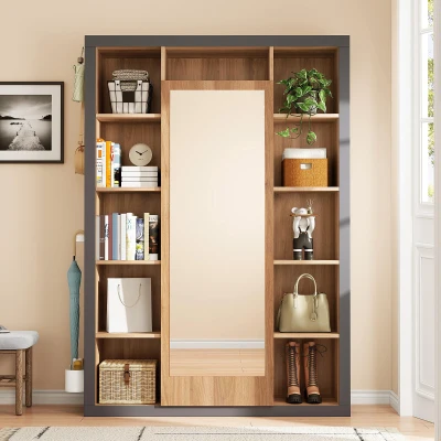 Struttura guardaroba con specchio, Grigio-nero e Legno naturale