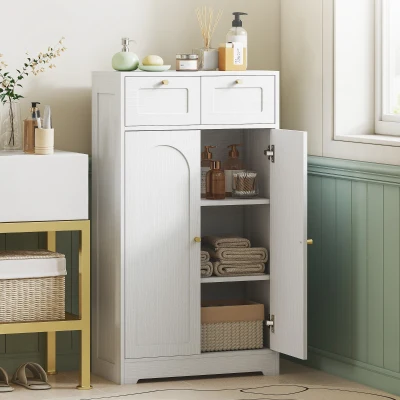 HOMCOM Armario de Baño Estrecho con 2 Cajones Estante Abierto y Puerta con Panel Arqueado 60x30x108 cm Blanco Veteado