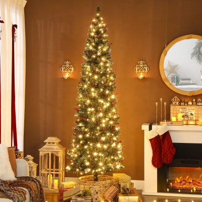 HOMCOM Árvore de Natal Slim 230 cm com Luzes LED 8 Modos de Iluminação 761 Ramos com Purpurina Prateada Pinhas e Bagas Verde