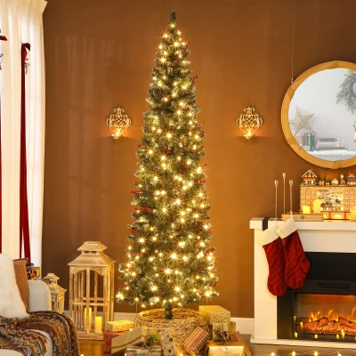 HOMCOM Árvore de Natal Slim 230 cm com Luzes LED 8 Modos de Iluminação 761 Ramos com Purpurina Prateada Pinhas e Bagas Verde