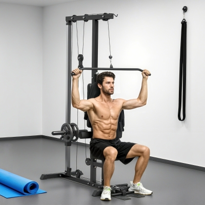 SPORTNOW Barra de Dominadas Suelo con Pedales y Asiento Ajustable para Fitness Entrenamiento Carga 110 kg 140x108x197 cm Negro