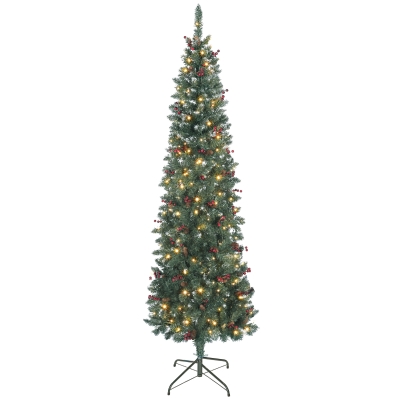 HOMCOM Árvore de Natal Slim 210 cm com Luzes LED 8 Modos de Iluminação 656 Ramos com Purpurina Prateada Pinhas e Bagas Verde