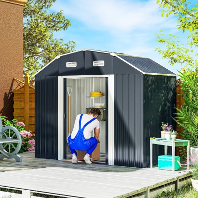 Outsunny Caseta de Exterior Metálica 2,7 m² 238x132x198,5 cm con Base Estantes Ajustables 2 Puertas Corredizas y 2 Ventanas Gris