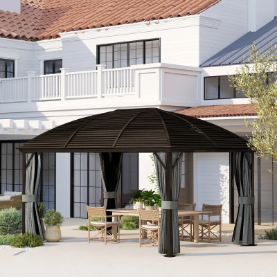 Outsunny 3 x 4m Hardtop Gazebo Canopy with Metal Roof, Aluminium Gazebo Permanent Pavilion with Netting and Curtains, Dark Grey