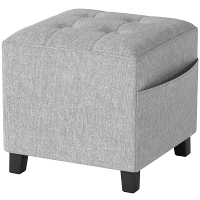 HOMCOM Linen Footstool with Pocket Rubber Wood Legs Grey