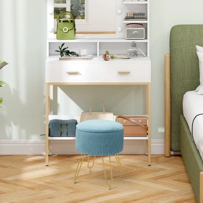 HOMCOM Pouf Rangement Velours Pieds Acier Rond 110 kg