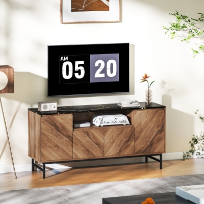 HOMCOM Mueble TV hasta 65 pulgadas mueble tele madera con compartimento abierto y pasacables, efecto mármol, 140x39x66cm, nogal