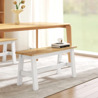 HOMCOM Sitzbank für 2, Holzbank in Eichenoptik, stabilisierende Querstange, für Wohnzimmer, Esszimmer, Flur, Kautschukholz, Weiß