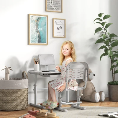 ZONEKIZ Conjunto de Secretária e Cadeira para Crianças com Altura Ajustável e Ângulo da Mesa Ajustável 80x49,5x82-104 cm Cinza e Branco