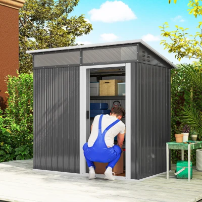 Outsunny Abrigo de Jardim 1,9m² 195x122x182 cm com Base Reforçada (Chão NÃO Incluído) Porta Corredera Janelas Abrigo de Ferramentas Cinza Escuro