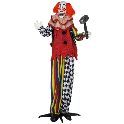 Outsunny Angstaanjagende Clown, Halloween-animatronic, 173 cm, oplichtende ogen, Geluid Activering, Beweegbare Armen en Hoofd, Batterijgevoed, Kunststof, Metaal, Rood