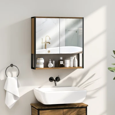 HOMCOM Mirror Cabinet Soft-Close Natural Wood Bathroom