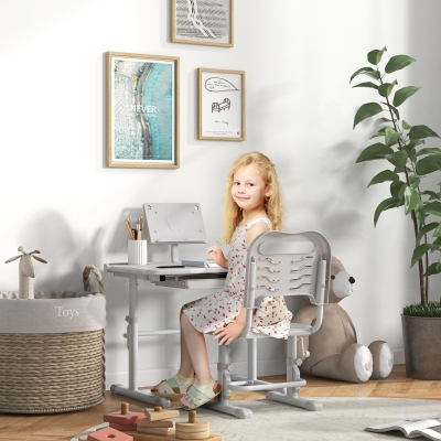 ZONEKIZ Pupitre Infantil Ajustable con 1 Cajón 1 Estante para Libros y Ángulo de Mesa Ajustable 80x49,5x82-104 cm Gris y Blanco