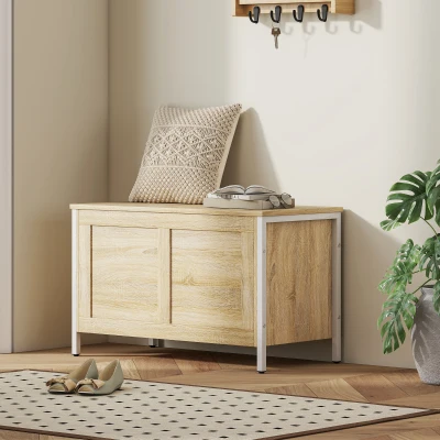 HOMCOM Aufbewahrungstruhe für Schlafzimmer 95 L mit Deckel Aufbewahrungsbank mit Sicherheitsscharnier 80x40x50 cm Eiche