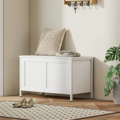 HOMCOM Aufbewahrungstruhe für Schlafzimmer 95 L mit Deckel Aufbewahrungsbank mit Sicherheits-Scharnier 80x40x50 cm Weiß mit Holzmaserung