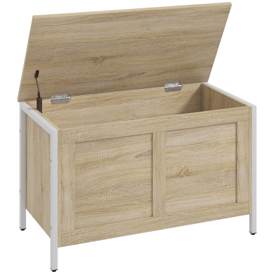 HOMCOM Aufbewahrungstruhe für Schlafzimmer 95 L mit Deckel Aufbewahrungsbank mit Sicherheitsscharnier 80x40x50 cm Eiche