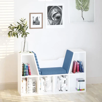 HOMCOM Librería con Asiento Estantería de Libros con 6 Cubos Cojín para Sala de Estar Dormitorio 102x30x61cm Blanco y Azul