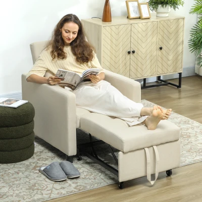 HOMCOM Sofá Cama Individual Poltrona com 4 Rodas Encosto Reclinável Almofada Extra e Assento Acolchoado 69x82,5x84 cm Bege