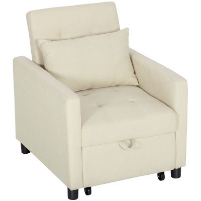 HOMCOM Sofá Cama Individual Poltrona com 4 Rodas Encosto Reclinável Almofada Extra e Assento Acolchoado 69x82,5x84 cm Bege