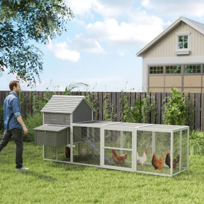 PawHut Galinheiro Grande de Madeira 310,5x149,5x149 cm Gaiola para Galinhas com 2 Janelas Portas Ninho Bandeja Amovível e Rampa Cinza