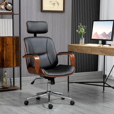 Vinsetto Cadeira de Escritório Operativa de Couro PU com Apoio para a Cabeça Amovível Altura Ajustável 63x62x110-120cm Preto e Madeira