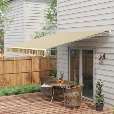Outsunny Toldo Manual Retrátil 350x250 cm com Manivela de Metal Impermeável e Anti-UV para Jardim Terraço Janelas Cinza e Amarelo