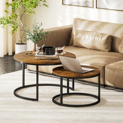HOMCOM Set mit 2 ineinander passenden stapelbaren Couchtischen im Industriedesign mit Zementoptikplatte und Metallbeinen in rustikalem Braun