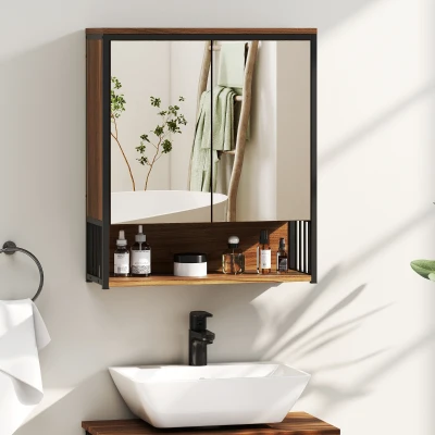 HOMCOM Hängender Spiegelschrank für Badezimmer, Badschrank aus MDF, Spanplatte, Braun