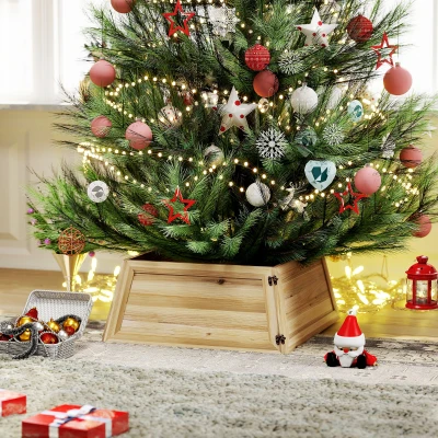 HOMCOM Weihnachtsbaumrock 65 x 65 cm Weihnachtsbaum Kragen aus Tannenholz Naturholz