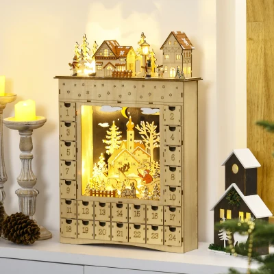 HOMCOM Adventskalender zum Befüllen 24 Schubladen Fächer Weihnachtskalender mit LED-Lichtern Naturholz 36 x 9 x 52 cm