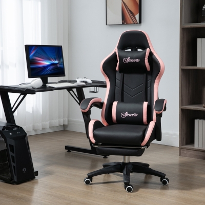 Vinsetto Cadeira Gaming de Couro PU com Altura Ajustável Reclinável 135° e Apoio para os Pés Retrátil 65x65x121-129 cm Preto