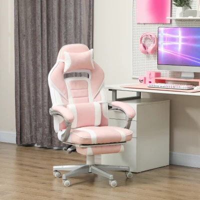 HOMCOM Cadeira Gaming Cadeira de Escritório Reclinável Apoio para os Pés Retrátil Suporte Lombar e Almofada para a Cabeça 63x63x115,5-123 cm Rosa