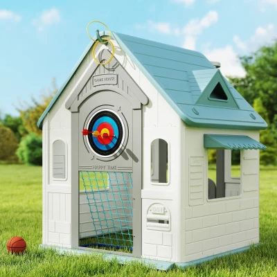 AIYAPLAY 5-in-1 Kids Playhouse with Hoop & Goal, Beige
