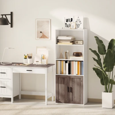 HOMCOM Estantería para Libros Estrecha Librería con Puertas Estantes Abiertos y Armario 60x30x149,5 cm Blanco y Marrón