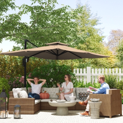 Outsunny 3.7 x 2.7 m Cantilever Parasol w/360° Rotation and Easy Tilt Adjustment, Aluminium Hanging Offset Outdoor Umbrella w/Double Top, Cross Base, UPF50+ Hanging Sun Shade, Black Pole