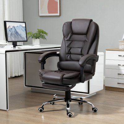 HOMCOM Cadeira de Escritório Reclinável Cadeira Executiva Giratória com Altura Ajustável Estofada em PU 64,5x69x109-117 cm Marrom