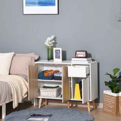 HOMCOM Aparador Móvel Auxiliar de Armazenamento com 2 Armários de Porta Gaveta Pés de Madeira para Sala de Estar Cozinha Dormitório 90x30x72cm Natural e Branco